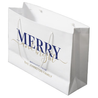 Dunkelblaue Typografie froh und hell Weihnachten Große Geschenktüte