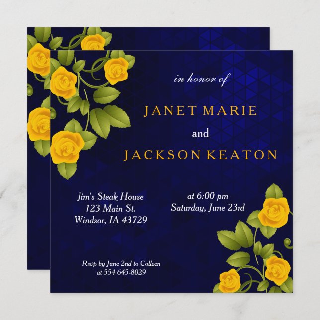 Dunkelblaue und marigold Yellow Rose Blume Wedding Einladung (Vorne/Hinten)