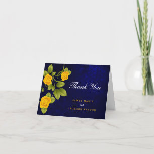 Dunkelblaue und Ringelblumen-Gelbe Rosenhochzeit Dankeskarte