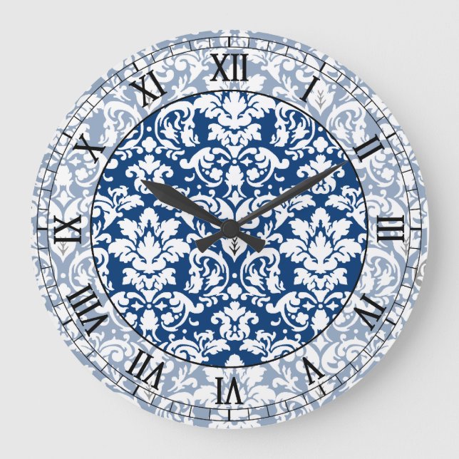 dunkelblaue und weiße, elegante römische Damastenz Große Wanduhr (Vorderseite)