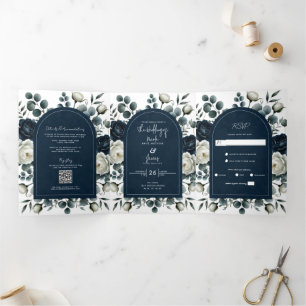 Dunkelblaue und weiße moderne Blumenhochzeit Dreifach Gefaltete Einladung