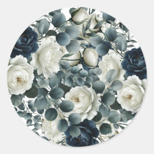 Dunkelblaue und weiße moderne Blumenhochzeit Runder Aufkleber