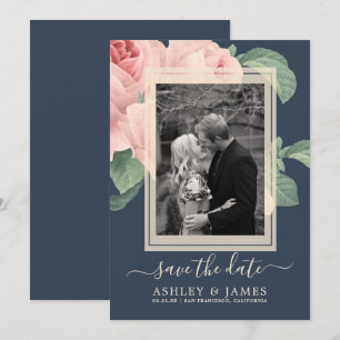 Dunkelblaue Vintage-Rosa-Rosen-Hochzeit - Termin v Einladung