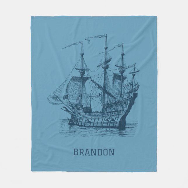 Dunkelblaue Vintage Windsegler-Abbildung Fleecedecke (Vorderseite)