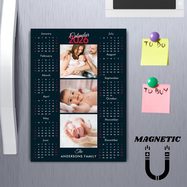 Dunkelblauer 2026-Kalender-Fotocollage-Magnet Magnetkarte (Von Creator hochgeladen)