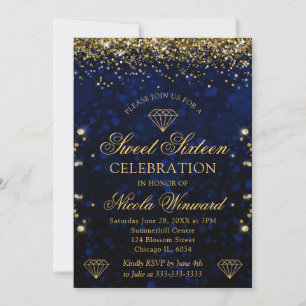 Dunkelblauer Bokeh & Gold Glitter Sweet 16 Einladung