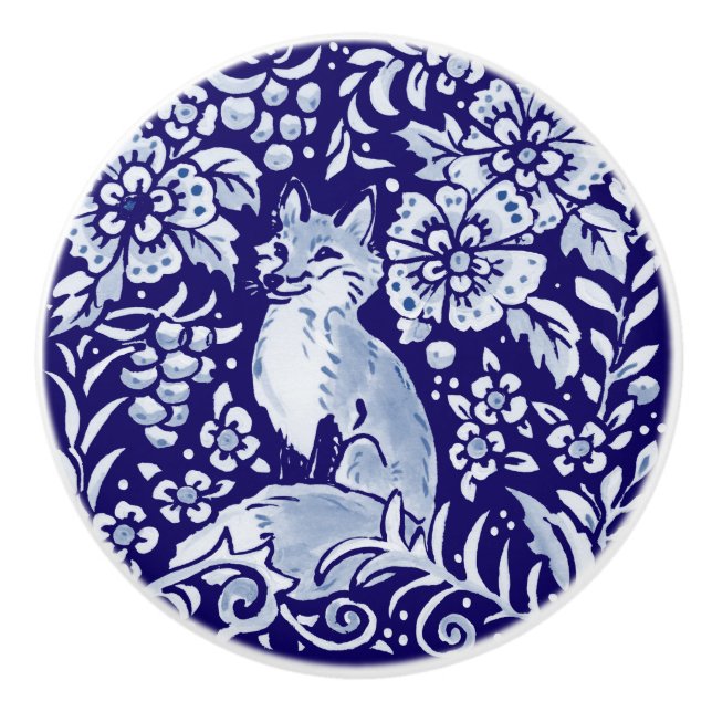 Dunkelblauer Fox Woodland Animal Floral Cobalt Nav Keramikknauf (Vorderseite)