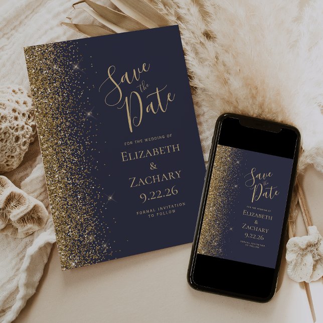Dunkelblauer Glitzer Save the Date Ankündigung (Von Creator hochgeladen)