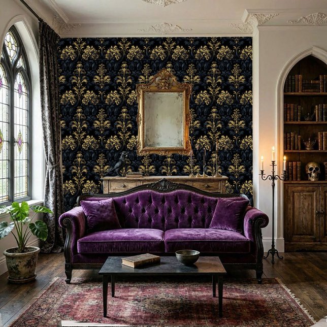 Dunkelblauer Gold Barock gotischer Blumen Tapete (Dark Baroque Wall)
