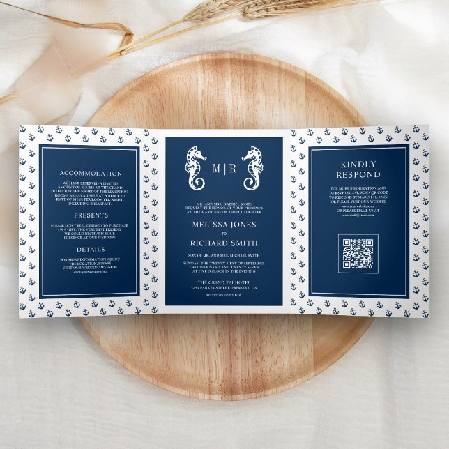 Dunkelblauer maritimer Anker-Seepferdchen-QR-Code- Dreifach Gefaltete Einladung (Von Creator hochgeladen)
