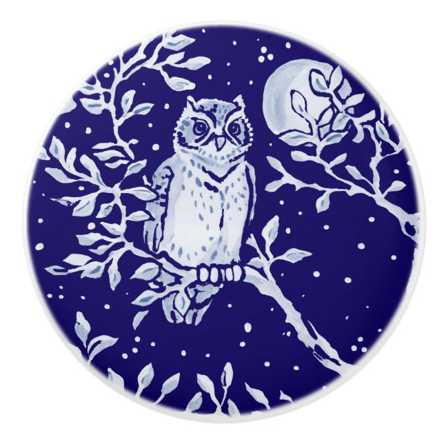 Dunkelblauer Owl Moon Woodland Tier Blumenkobalt Keramikknauf (Vorderseite)