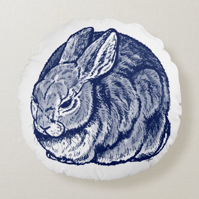 Dunkelblauer Rabbit Bunny Zeichnend Kunst  Rundes Kissen (Vorderseite)