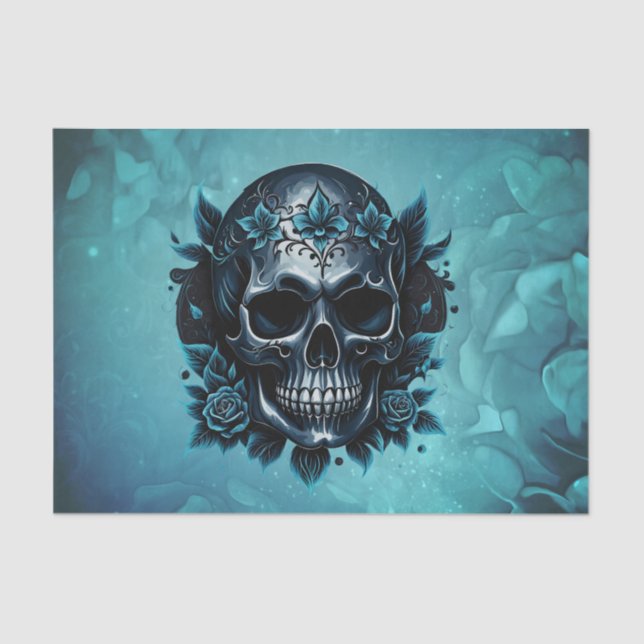 Dunkelblauer Schädel mit Rose. Seidenpapier (Vorderseite)