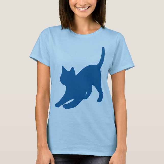 Dunkelblauer Stretching Cat Silhouette T-Shirt (Vorderseite)
