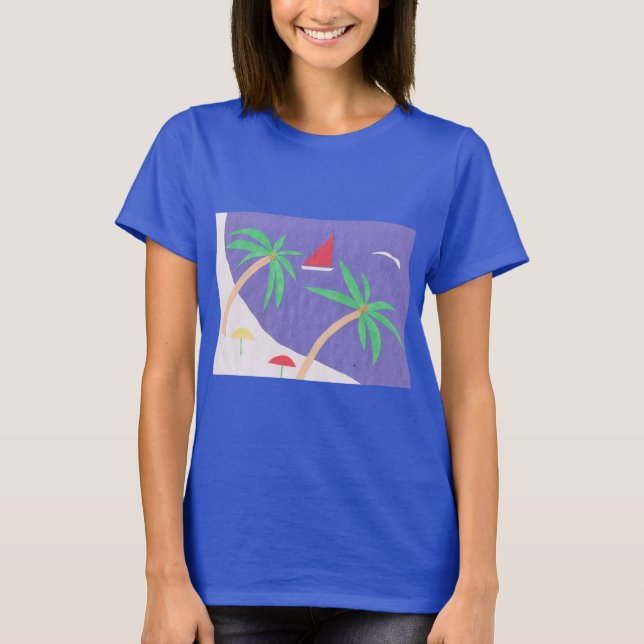 Dunkelblauer T - Shirt mit Beachszene (Vorderseite)