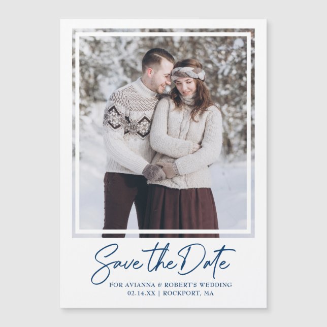 Dunkelblauer Text und Foto Save the Date Magneteinladung (Vorderseite)