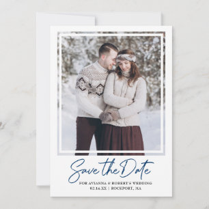 Dunkelblauer Text und Save the Date Foto