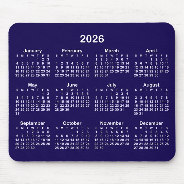 Dunkelblauer und weißer Kalender 2026 Mousepad (Vorne)