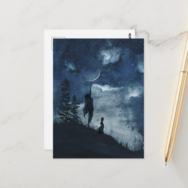 Dunkelblaues Aquarell-Halbmond-Göttin Hare Postkarte (Vorderseite/Rückseite Beispiel)