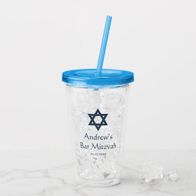 Dunkelblaues Bar Mitzvah personalisiert Acryltrinkbecher (Rückseite Ice)