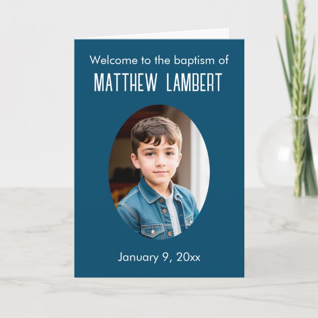 Dunkelblaues Foto Front Polka-Dot geklappte Taufe Programm (Vorderseite)