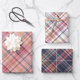 Dunkelblaues Licht-Rosé-Korallenrosa-Rot-Weiß-Karo Geschenkpapier Set