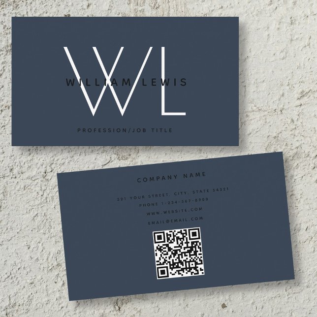 Dunkelblaues Monogramm Moderner Minimalistischer Q Visitenkarte (Dark Blue Monogram Modern Minimalist QR Code Business Card)