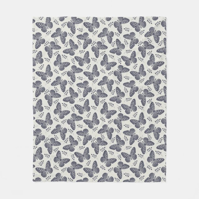 Dunkelblaues Schmetterlingsmuster auf grauem Hinte Fleecedecke (Vorderseite)