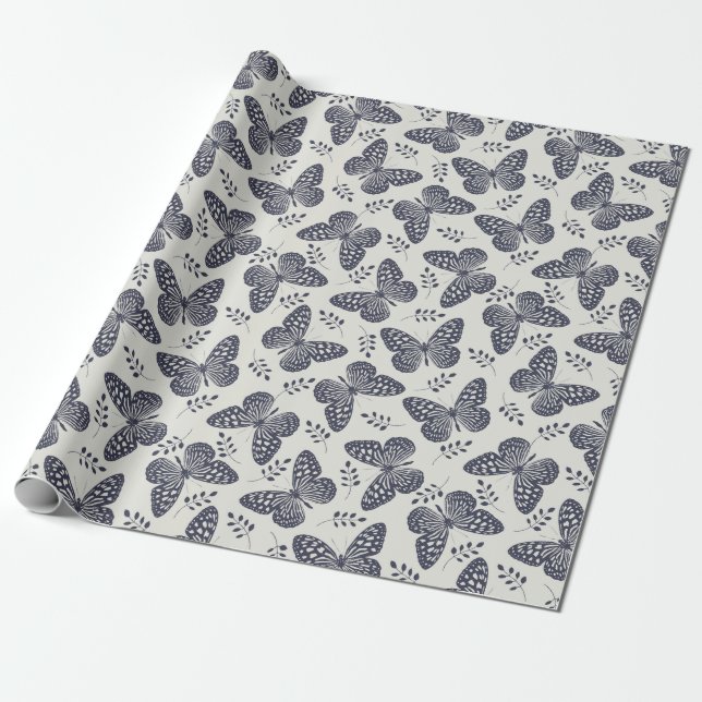 Dunkelblaues Schmetterlingsmuster auf grauem Hinte Geschenkpapier (Ungerollt)