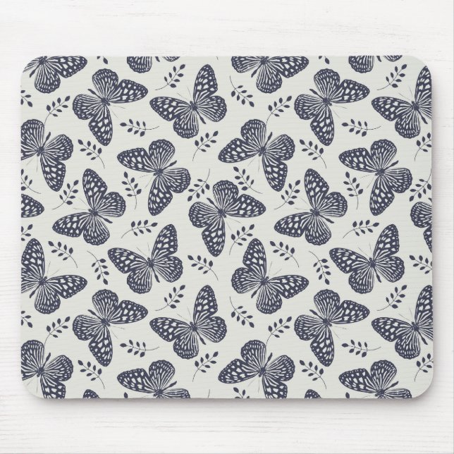 Dunkelblaues Schmetterlingsmuster auf grauem Hinte Mousepad (Vorne)