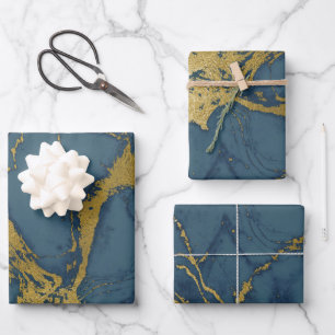 Dunkelblaues und goldenes Marmormuster Geschenkpapier Set