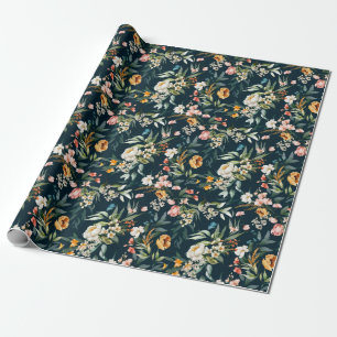 Dunkelblaues Vintage-Gartenblumenmuster Geschenkpapier