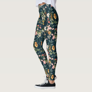 Dunkelblaues Vintage-Gartenblumenmuster Leggings