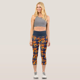 dunkelblauorange Blume Capri Leggings
