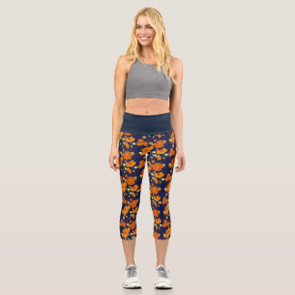 dunkelblauorange Blume Capri Leggings