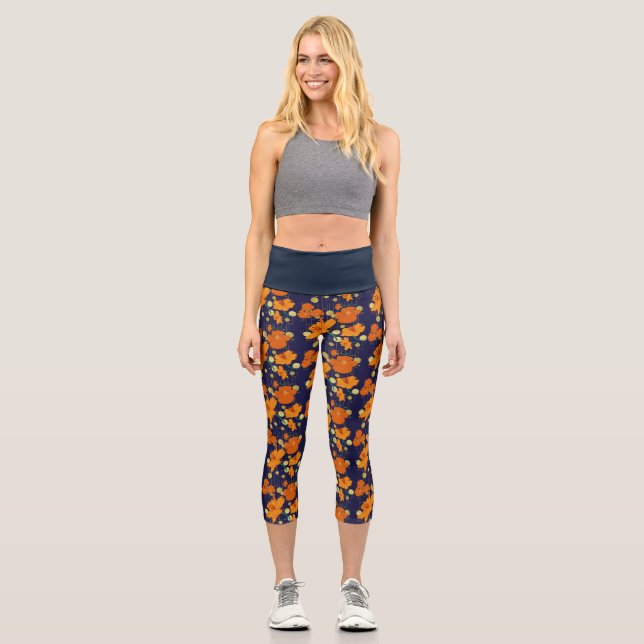 dunkelblauorange Blume Capri Leggings (Vorderseite)