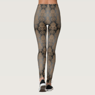 Dunkelbraun, Taupe Damast-Ranke "Ausgebranntes Aus Leggings