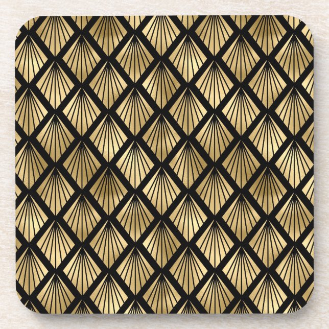 Dunkelbraun und Gold Art Deco Gemustert Getränkeuntersetzer (Vorderseite)
