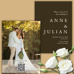 Dunkelbraune Hochzeit mit einem Foto- und QR-Code Einladung