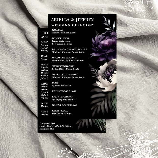 Dunkelbraune Hochzeitsfeier (Dark moody boho elegant wedding program purple peonies black background order of evens program)