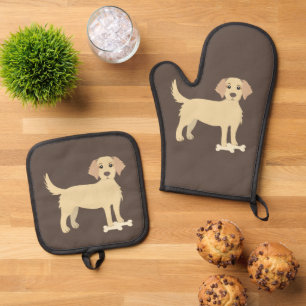 Dunkelbraune Ofenhalterung mit Gelbe Labrador Ofenhandschuh & Topflappen-Set