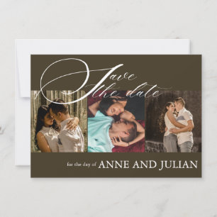 Dunkelbraune Save-the-Date-Karte mit 3 Fotos und e