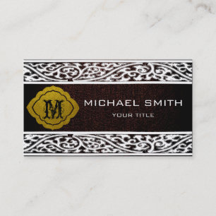 Dunkelbrauner Leather White Damask Border Visitenkarte