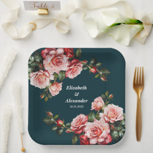 Dunkelbraunes Rosa und rote Rosen aquamarine Hochz Pappteller