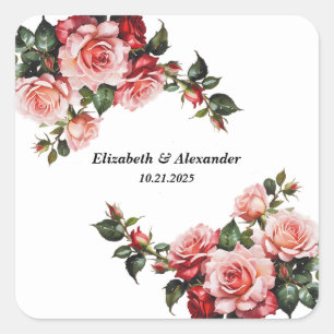 Dunkelbraunes Rosa und rote Rosen Hochzeit Quadratischer Aufkleber