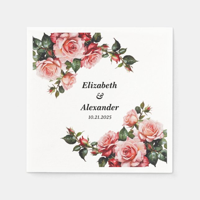 Dunkelbraunes Rosa und rote Rosen Hochzeit Serviette (Vorderseite)