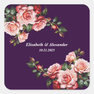 Dunkelbraunes Rosa und rote Rosen lila Hochzeit Quadratischer Aufkleber