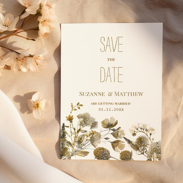 Dunkelgelbe Elfenbeinflora Save the Date Einladung (Dark yellow ivory white brown flora Save the Date)