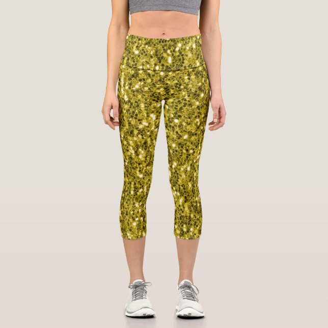 Dunkelgoldgelbe Imitate Glitzer Glitzern Capri Leggings (Vorderseite)