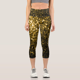 Dunkelgoldgelbe Imitate Glitzer Glitzern Capri Leggings